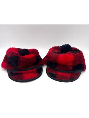 Vtg Red & Black Plaid Faux Fur Winter Hats Pom Pom & Visor Sz 6 7/8 & 7 1/4 USA
